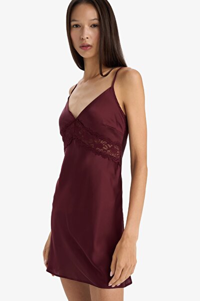 DeFacto Regular Fit V Neck Satin Strap Nightgown-Fall in Love G1669Ax25Au