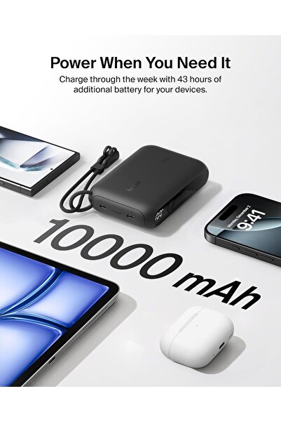 Belkin 10000mAh Slim Power Bank 20W Fast Charging 2 USB C Ports Digital Display Portable Charger