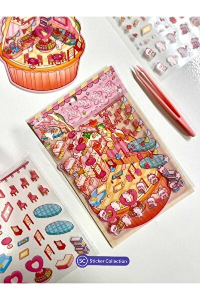 SC Sticker Collection DIY Sweet Cafe Dream 3D Diorama İzometrik 94 Adet Sticker Kase Kartonu Plastik Cımbız Seti