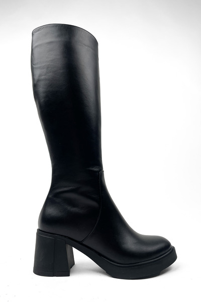 RABU حذاء نسائي أسود من الجلد الطبيعي بطول أسفل الركبة بكعب سميك ونعل سميك