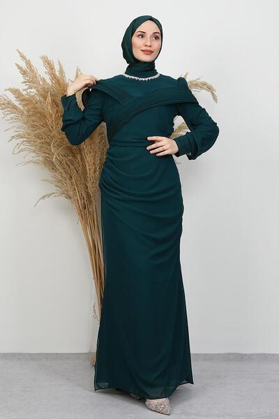 GİYZAMİLA Açangül Chiffon Evening Dress Emerald