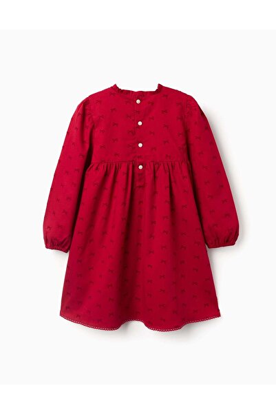 Ziddy Long sleeve twill dress with velvet bow motif for girls, red