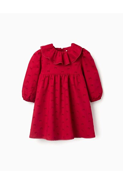 Ziddy Long sleeve twill dress with velvet bow motif for baby girls, red