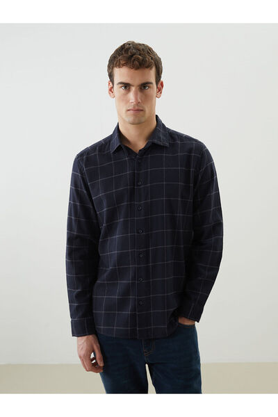 LC Waikiki Cămașă pentru bărbați în carouri cu mânecă lungă, albastru bleumarin