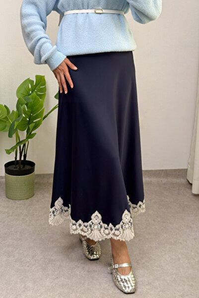 Salih Çelebi Dantel Detaylı Saten Etek 0038 - LACİVERT