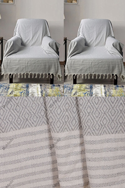 Bumedo Buldan İşi Cotton 2-Piece Armchair Cover Set 180X150 cm - Woven Fabric Covering the Arms - Light Gray