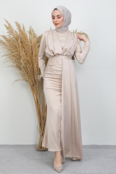 GİYZAMİLA Feathered Satin Hijab Dress Cream