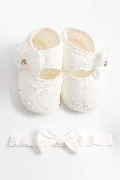 Soar Kids Aksesuar Newborn Booties Ecru Organic Lace Bow Bandana