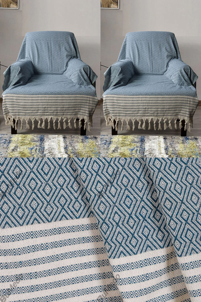 Bumedo Buldan İşi Cotton 2-Piece Armchair Cover Set 180X150 cm - Woven Fabric Covering the Arms - Petrol