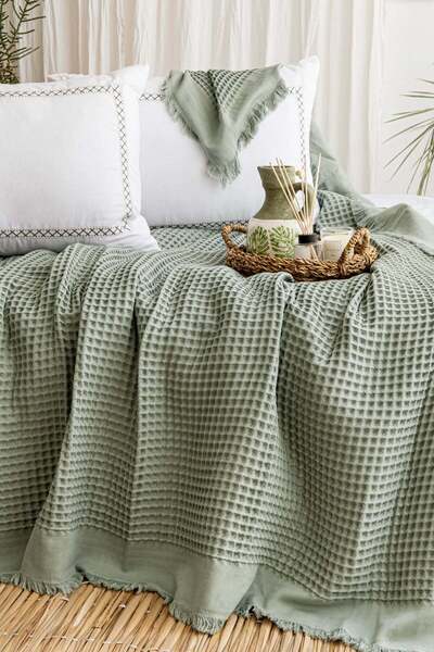 Çulha RİVA YEŞİL,%100 PAMUK, ÇİFT KİŞİLİK WAFFLE YATAK ÖRTÜSÜ