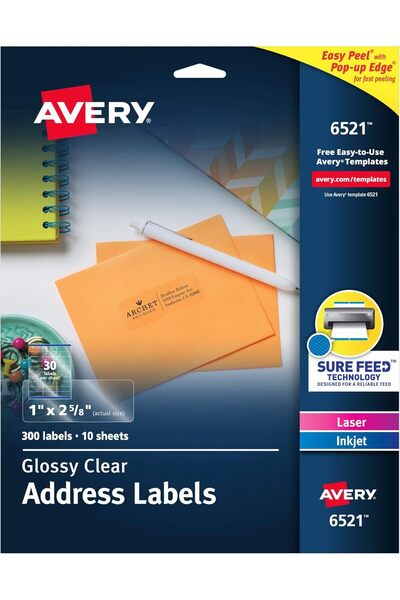 AVERY ملصقات عناوين قابلة للطباعة، 1 بوصة × 2-5/8 بوصة، شفافة لامعة، عبوة من ...