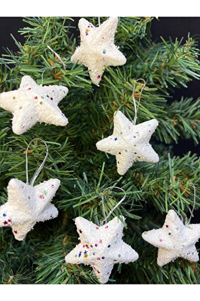 ENG PARTİ DÜNYASI Set of 6 White Christmas Tree Star Ornaments – Glittery Sno...