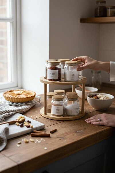 ANJEAHOME Loja 10-Piece 300 ml Glass Spice Jar Set |   Bamboo 360 °   Rotating Stand & Labeled |   Stylish Kitchen Organizer