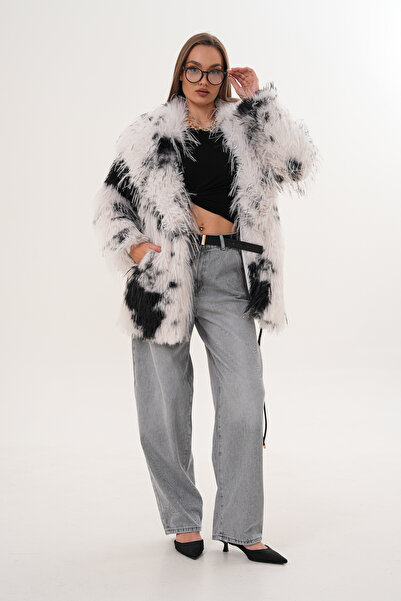 NAVY Midi Length Long Fur Belted Leopard Shawl Collar Coat