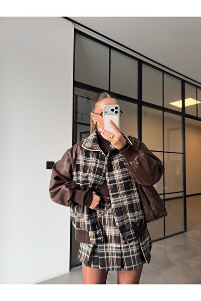 BB Bensu Buyruk KAŞE EKOSELİ DERİ KOLLU BOMBER CEKET