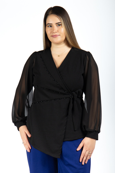 MEDOL GİYİM Kadın Büyük Beden Kruvaze Yaka Şifon Kol Taş şerit boncuk Detaylı Bluz