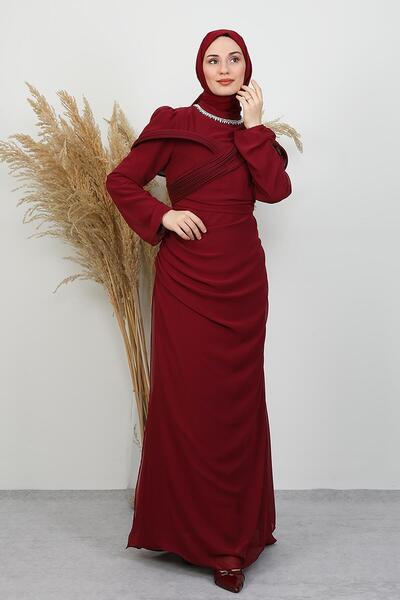GİYZAMİLA Açangül Chiffon Evening Dress Burgundy