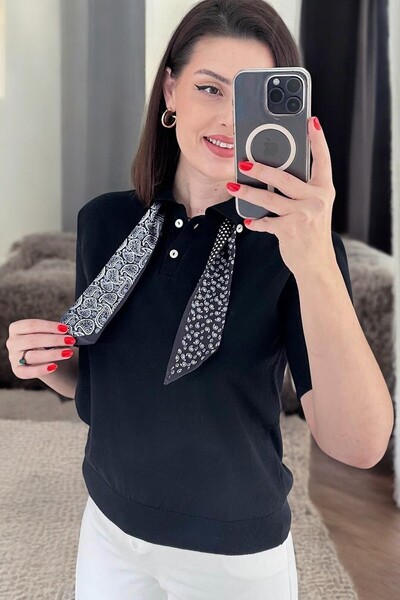 LE CARAMBOLE Women's Black Polo Neck Scarf Short Sleeve Knitwear Sweater