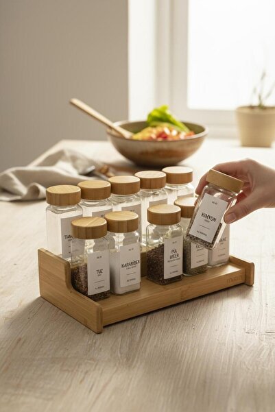 ANJEAHOME Lady 12-Piece 120 ml Bamboo Spice Rack Set and 2-Tier Bamboo Stand |   Labeled |   Countertop Organizer