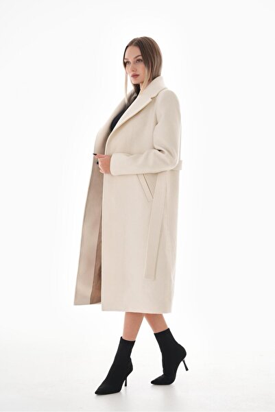 homa vedad Krem Rengi Kuşaklı Kaşe Kaban – 💕💕❤️