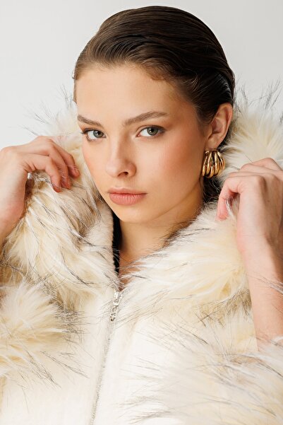 Ekol Long Plush Coat with Fur Detail