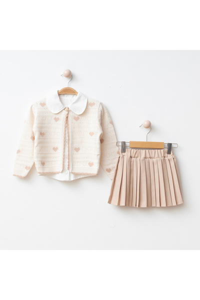 My Lusa baby wear Gökçe Heart Patterned - Knitwear Cardigan - Shirt Pleated Skirt 3-Piece Girl's Set