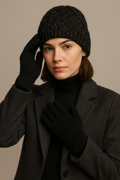 SİSTEM PELUŞ Elegant Knitted Patterned Silvery Beanie & Soft Textured Gloves Set - Winter Combination