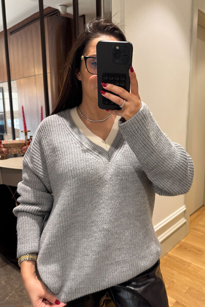 MAGARDE Pulover tricotat cu guler colorat - GRI