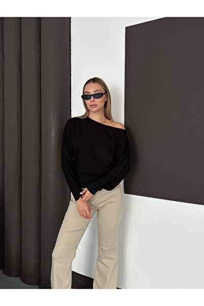 LE CARAMBOLE Women's Black One Shoulder Batwing Sleeve Modal Fabric Blouse