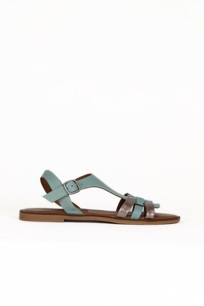 Bueno Shoes Gray Shiny Leather Women's Flat Sandals 01We3602
