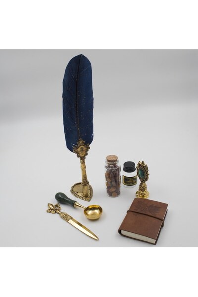 RoveZone Vintage Fountain Pen Set with Nib, Sealing Wax, Stamp, Spoon, Journal, Knife, 5 Nibs and Stand, Blue