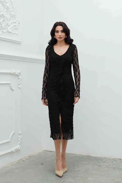 Serica Moda Siyah Önü Fırfır Detaylı Yırtmaçlı Dantelli Elbise