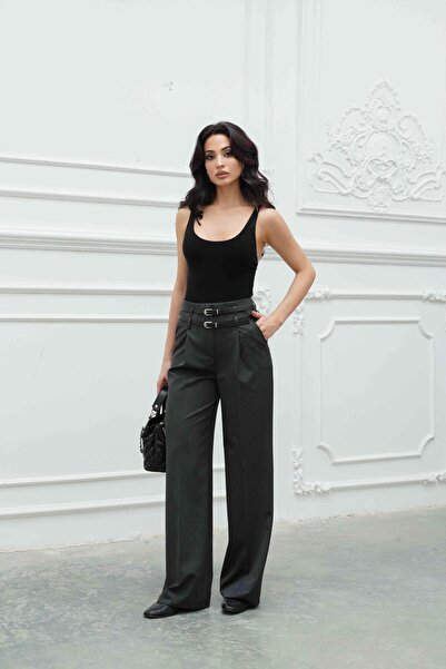 Serica Moda Anthracite Double Belted Pleated Palazzo Pants
