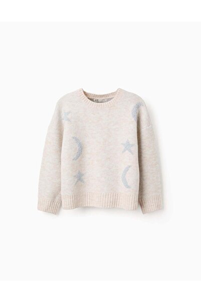 Ziddy Knitted jumper with lurex moon and stars for girls, beige