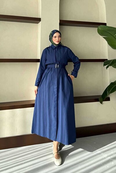 MODAYUNUS Gömlek Yaka Kolda Ve Belde Kemer Detaylı Trenç Görünümlü Poplin Elbise