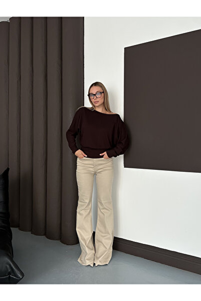 MODAMERSİ Women's Brown One Shoulder Batwing Sleeve Modal Fabric Blouse