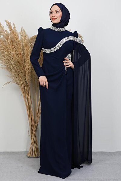 GİYZAMİLA Hanzade Crepe Evening Dress Navy Blue