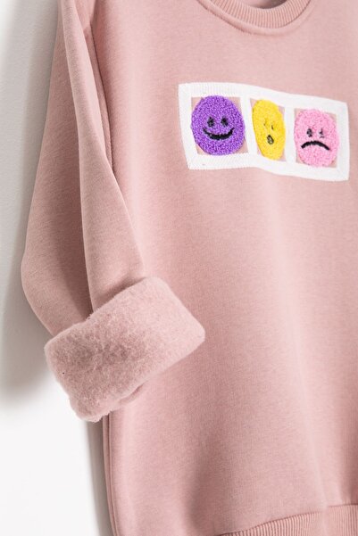 Cansın Mini Pink Smiling Face Embroidered Fleece-Lined Girls' Tracksuit Set 23356