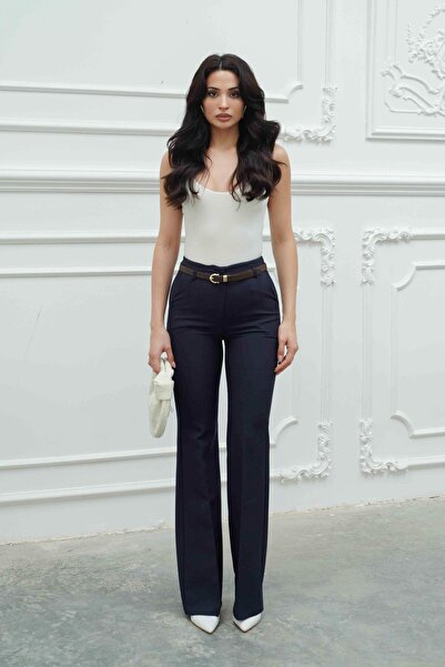 Serica Moda Navy Blue High-Waisted Belted Flared Trousers