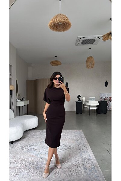 Buket Teke Brown Crepe Zr Model Off-The-Shoulder Dress