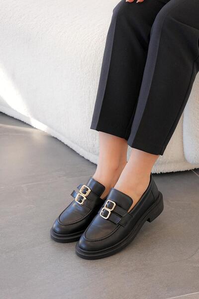 Stilbagshoes Elnora Double Buckle Detail Leather Women's Casual Shoes Black