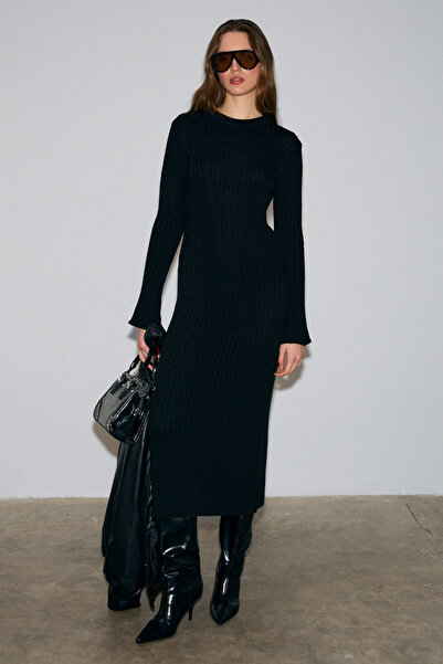 GRIMELANGE Duende Women's Round Neck Line Patterned Slim Fit Knitwear Black Dress