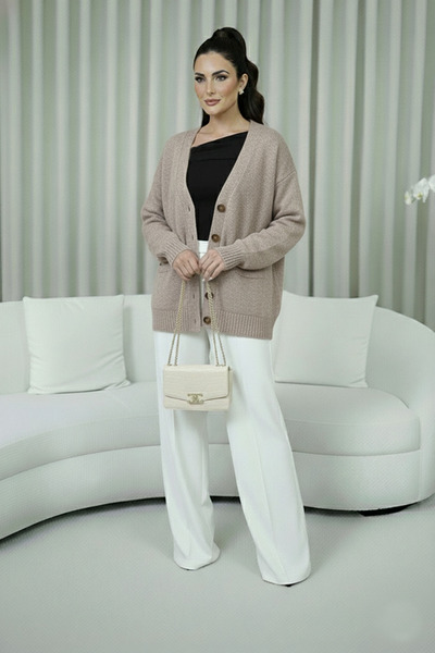 studio fashion 1988 Women's Coffee Premium Soft Textured Pocketed Buttoned Loose Knit Cardigan