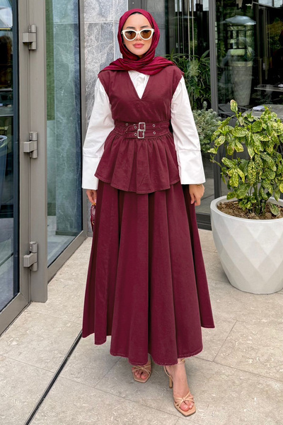 Salih Çelebi طقم دنيم طقم فيست مع مشبك 7165 - أحمر داكن