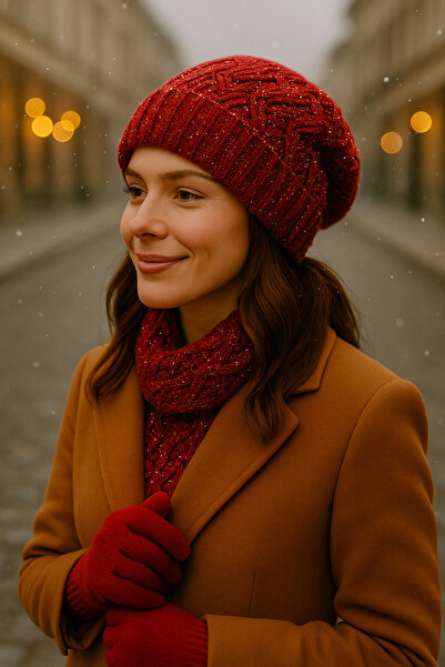 SİSTEM PELUŞ Elegant Knitted Patterned Silvery Beanie & Soft Textured Gloves Set - Winter Combination