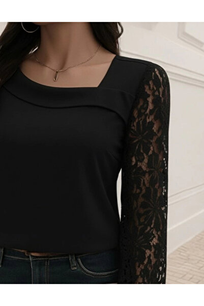 Butik Women's Long Sleeve Asymmetrical Collar Lace Imported Crepe Blouse