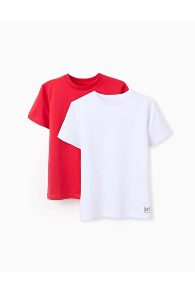 Ziddy Pack of 2 Cotton T-shirts for Boys, White/Red