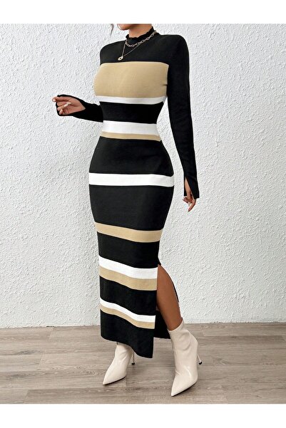 Sea Style Blok Desenli Fit Uzun Triko Elbise
