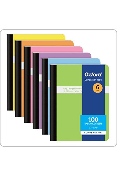 Oxford Wide-Ruled Notebooks, Polyester Covers, Pastel Colors, 24.77×19.05 cm, 100 Sheets, Pack of 6
