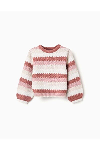 Ziddy Striped knitted jumper with puffy sleeves for girls, multicolour